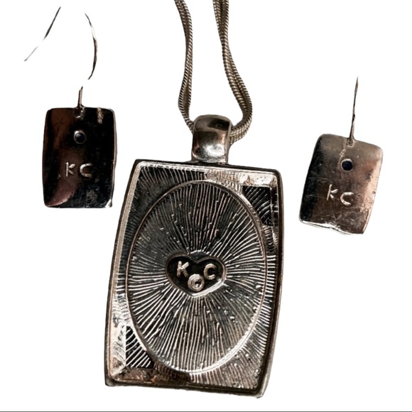 Kenneth Cole Silver Blue Marble Necklace and Earring Matching Set - Picture 2 of 7